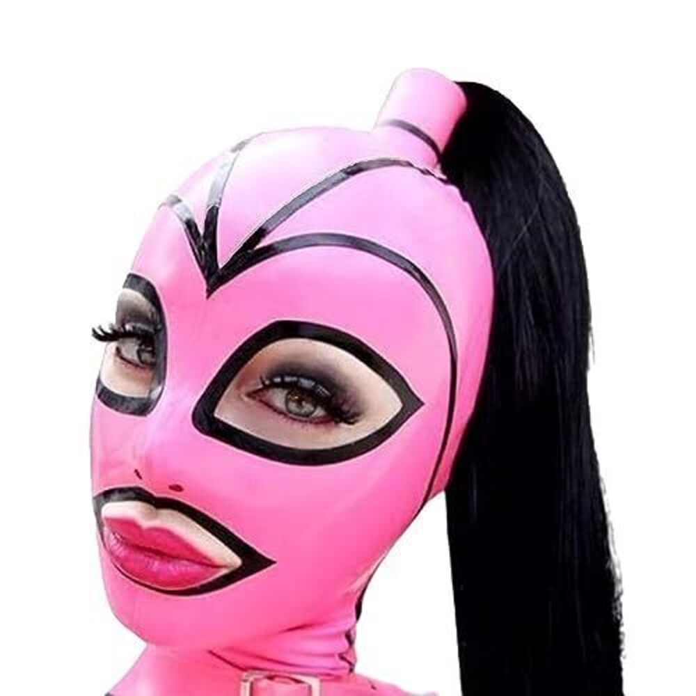 1903 Latex Mask Hood Pink Pigtail Black Yellow Hair braid Rubber Strips